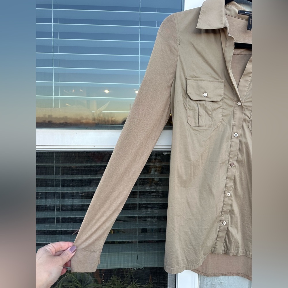 BCBGMaxAzaria Khaki Tan Button Down Rolltab Shirt - Picture 3 of 6